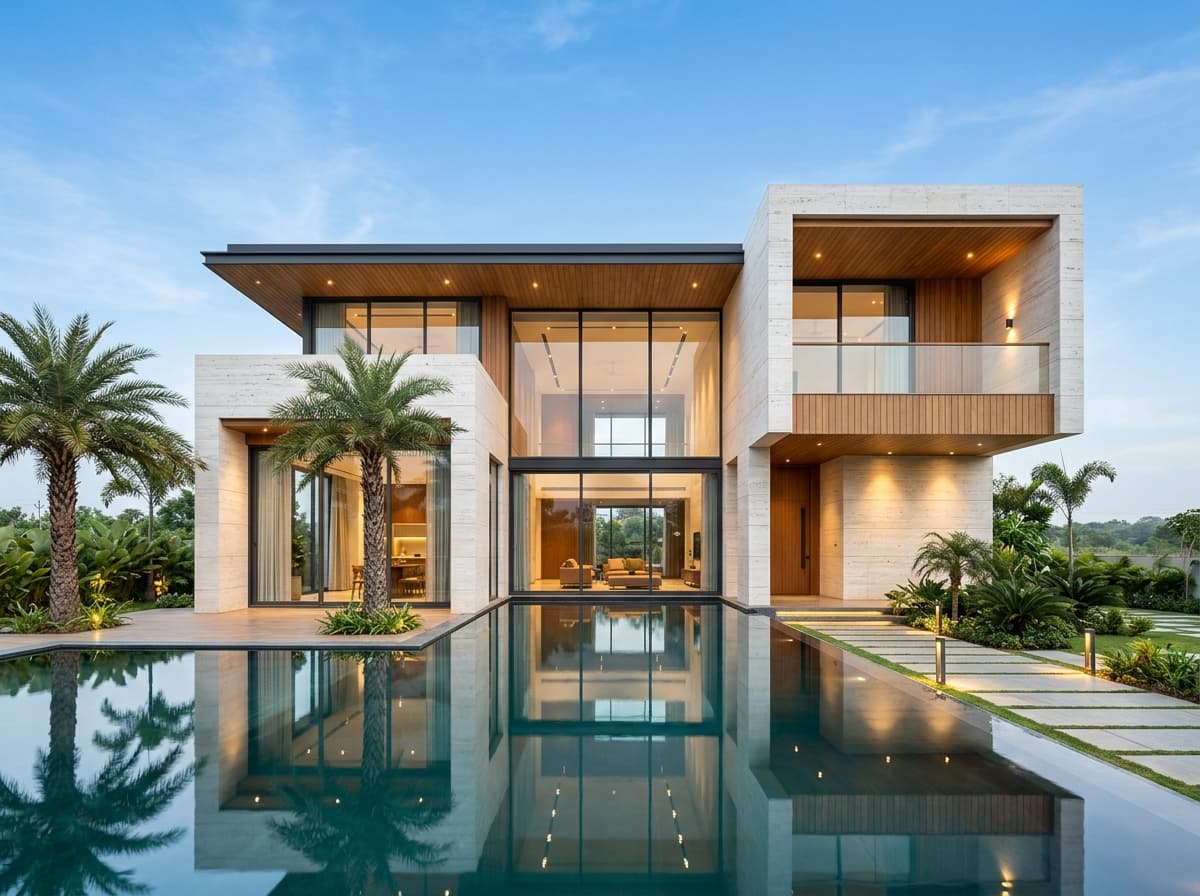 Colorful photorealistic architectural photograph of the completed ultra luxury villa