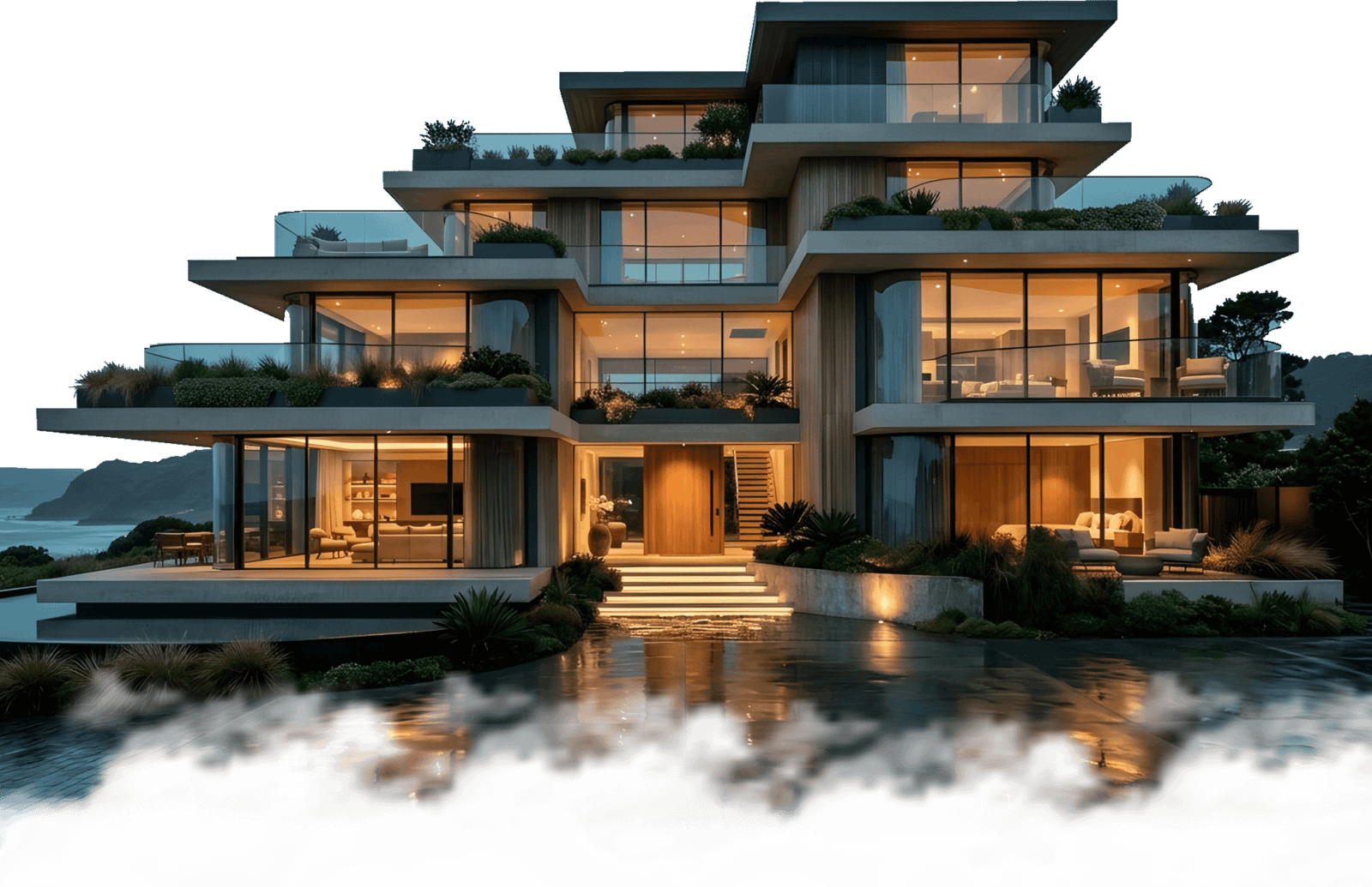 Modern luxury estate emerging above the clouds